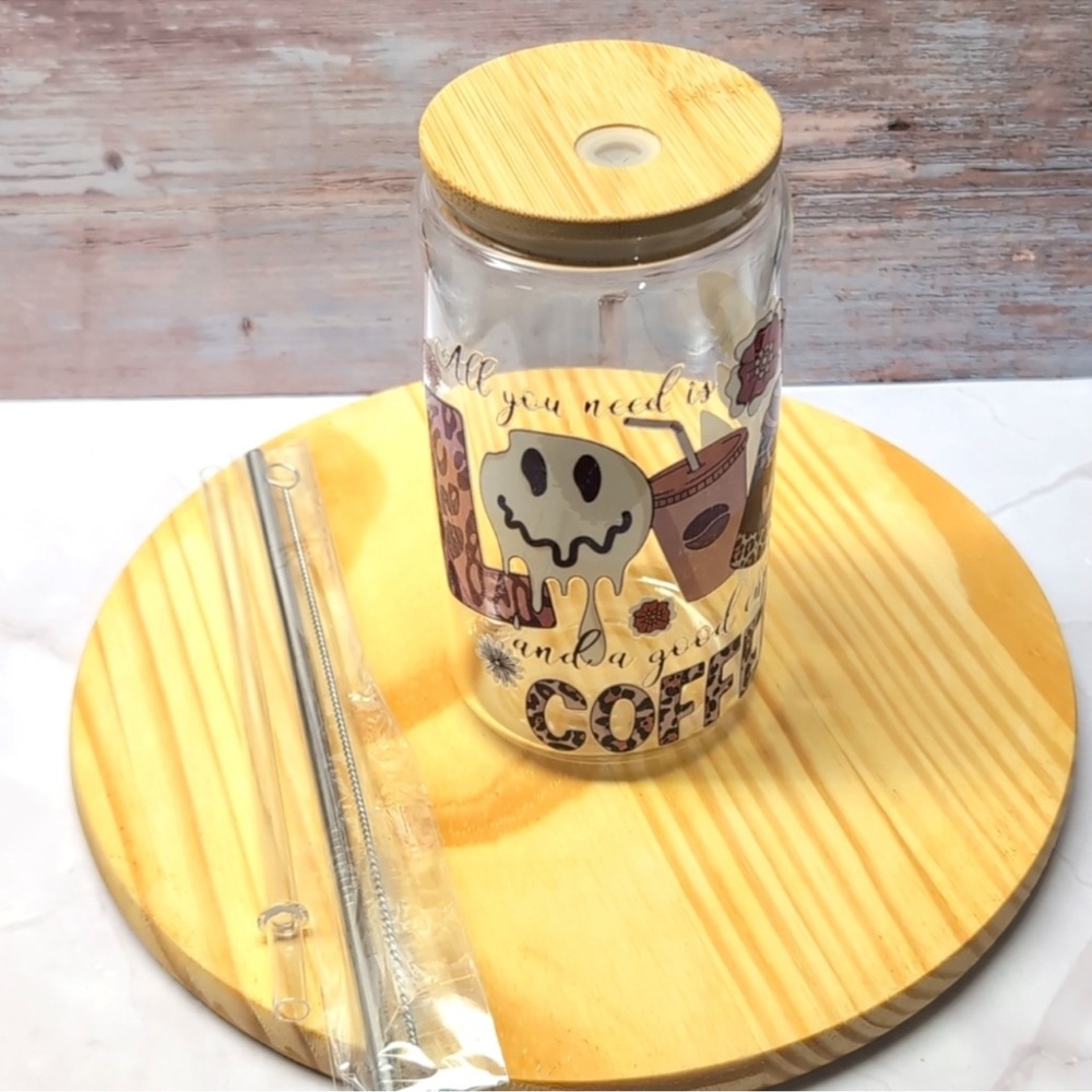 Handmade Skull Love Coffee Glass Tumbler with Bamboo Lid and Straws NIB